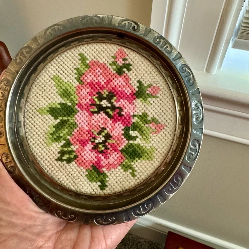 Vintage Coasters Needlepoint Floral Decorative Silver Tone Set of Two - Picture 2 of 6